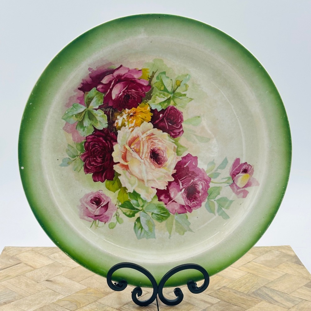 Steubenville China Vintage Floral Rose 12" Charger Plate Green Ombre Rim Crazing